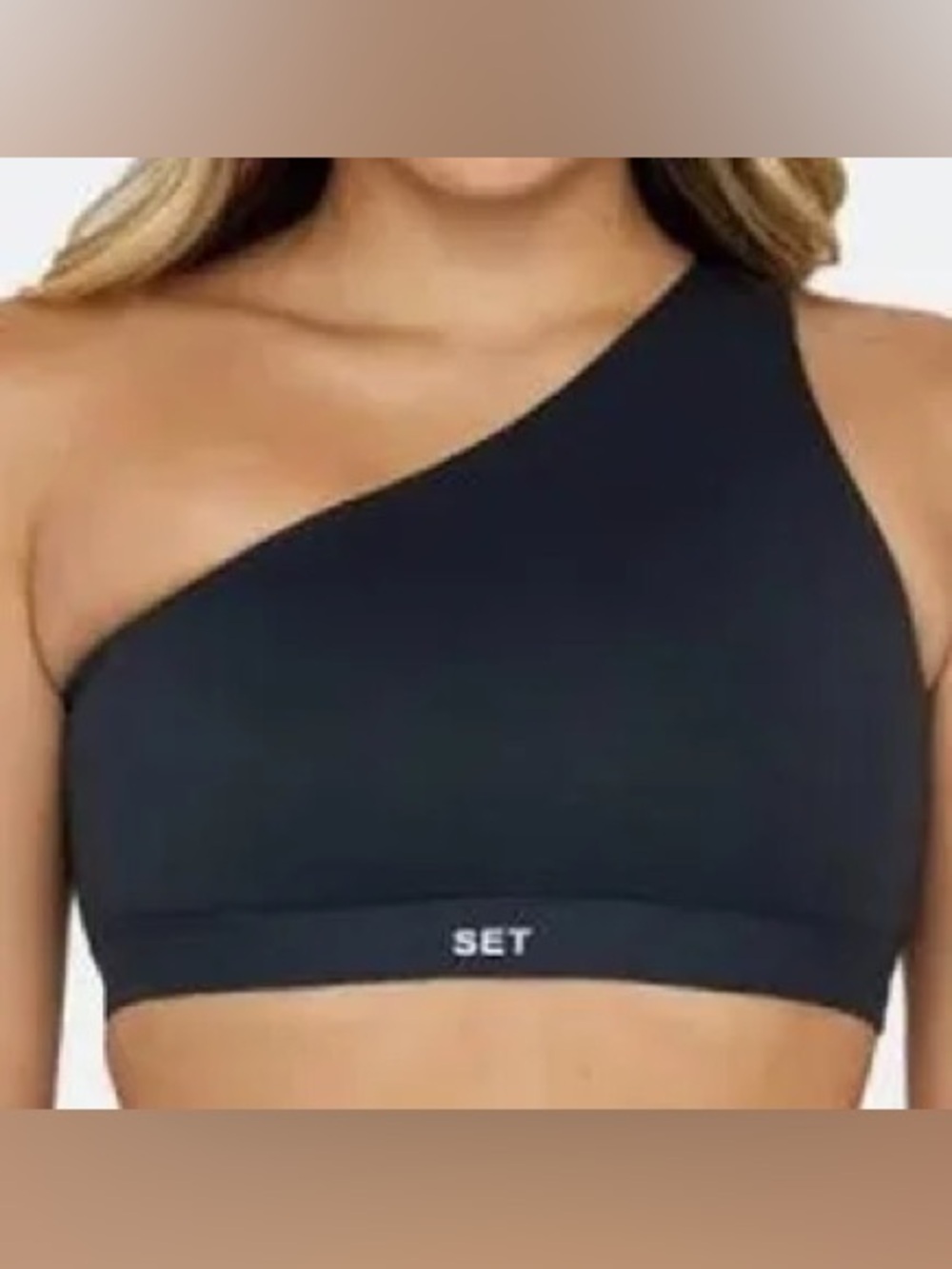 SET Active black one-shoulder sports bra featuring a branded waistband Size XL
